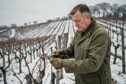Viticulteur taillant des vignes dormantes en hiver sous la neige dans un vignoble en climat froid