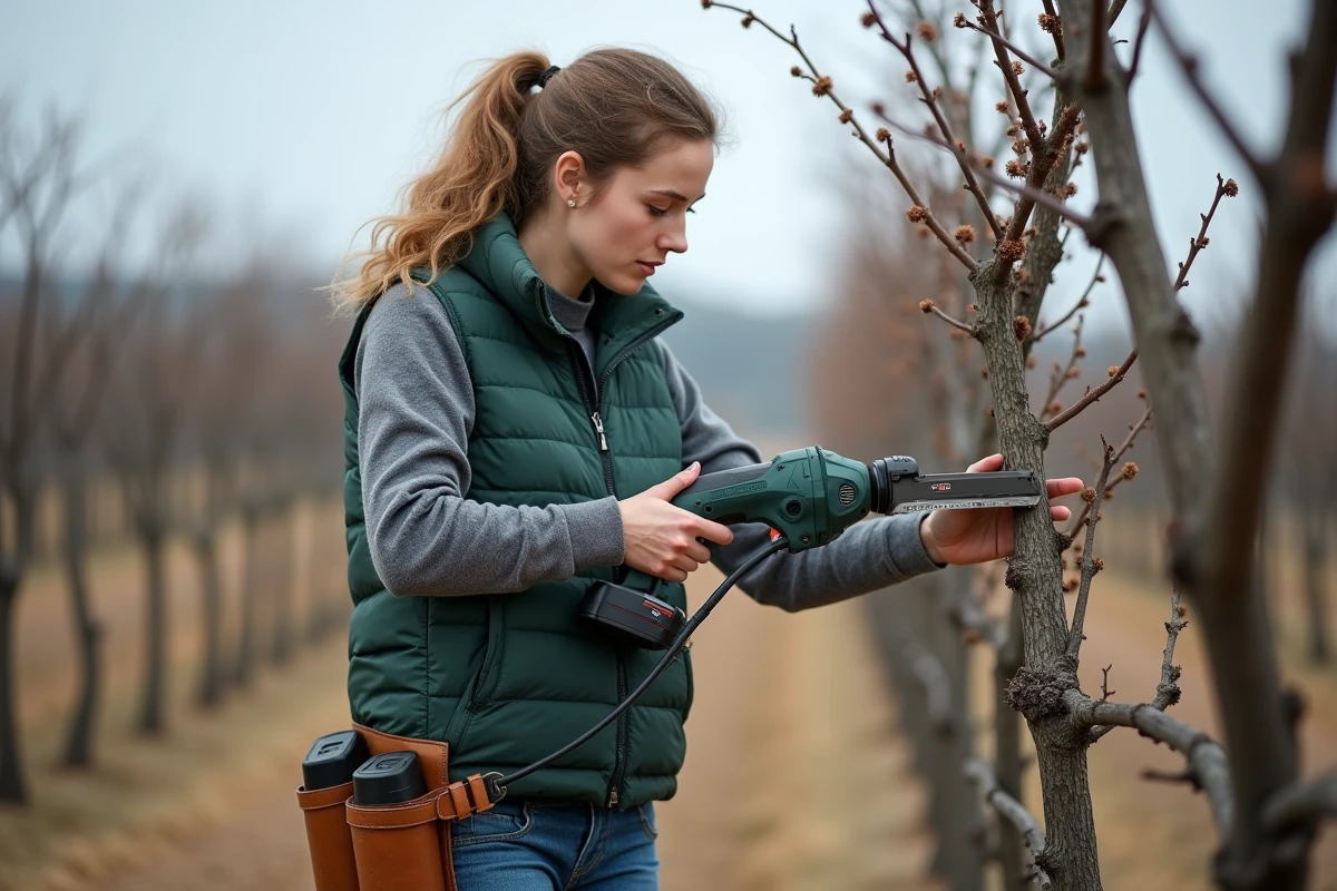 Femme vigneronne utilisant un sécateur électrique sans fil pour la taille de la vigne en fin d'hiver