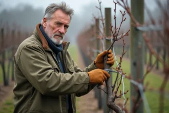 Vigneron expérimenté taillant une vigne avec un sécateur manuel en hiver, rangs de vigne en arrière-plan
