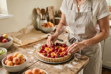 Femme préparant une tarte aux fruits de saison de juin avec fraises et abricots sur un plan de travail en bois dans une cuisine maison