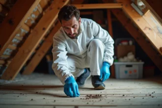 Technicien en dératisation inspectant des crottes de loir dans un grenier avec des poutres en bois