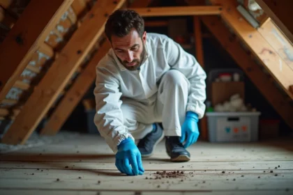 Technicien en dératisation inspectant des crottes de loir dans un grenier avec des poutres en bois