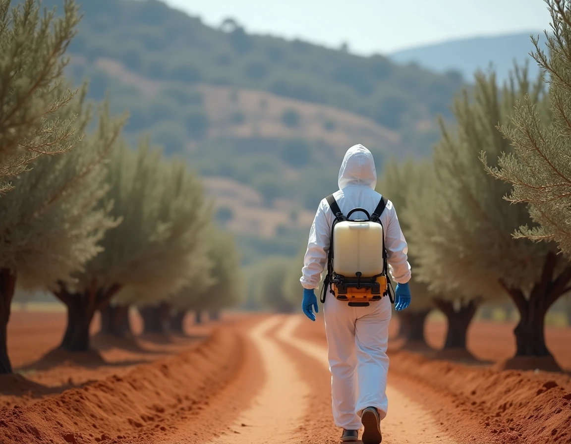Technicienne agricole utilisant un pulvérisateur à dos dans une oliveraie en Andalousie, Espagne