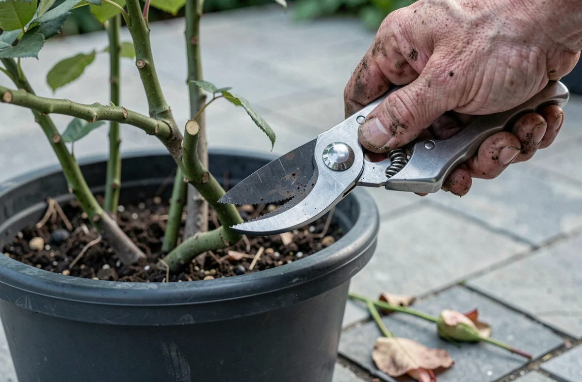 Gros plan sur des mains tenant un sécateur pour couper un rosier en pot à 45 degrés sur une terrasse en pierre
