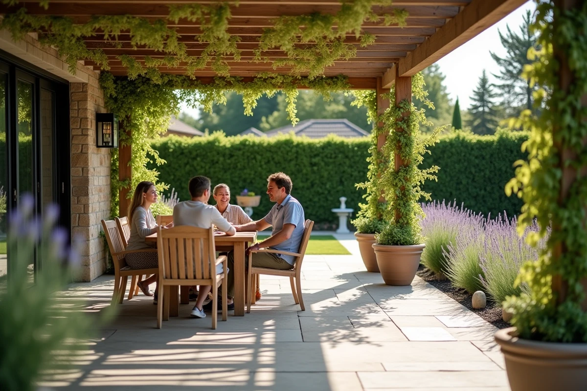 Terrasse extérieure aménagée avec pergola en bois et mobilier de jardin familial sur dallage en pierre naturelle
