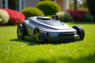 Tondeuse robotique moderne dans jardin bien entretenu