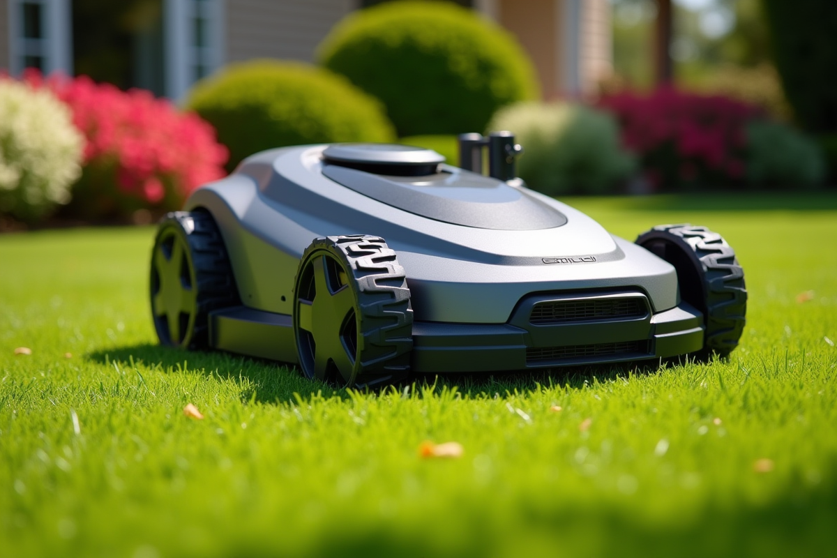 Tondeuse robotique moderne dans jardin bien entretenu