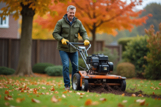 Homme d'âge moyen utilisant un scarificateur dans un jardin automnal