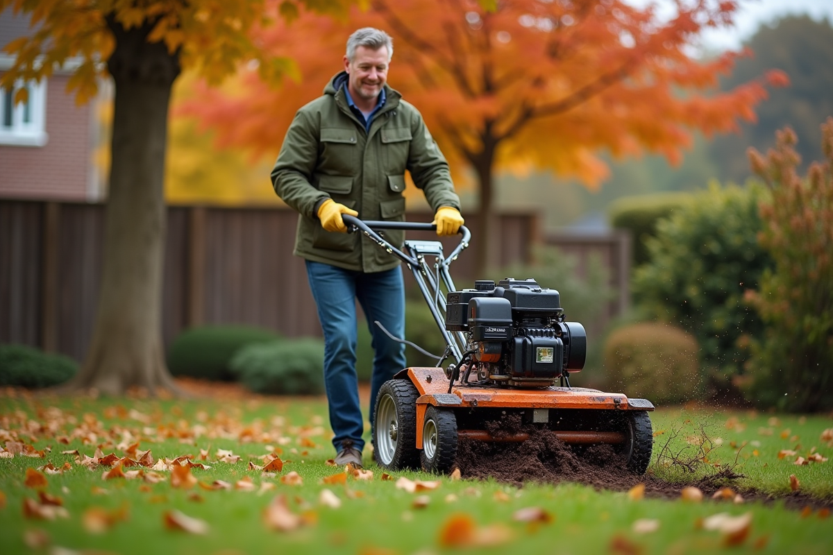 Homme d'âge moyen utilisant un scarificateur dans un jardin automnal