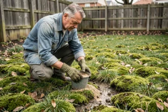Jardinier appliquant un traitement anti-mousse granulaire sur une pelouse envahie par la mousse au printemps