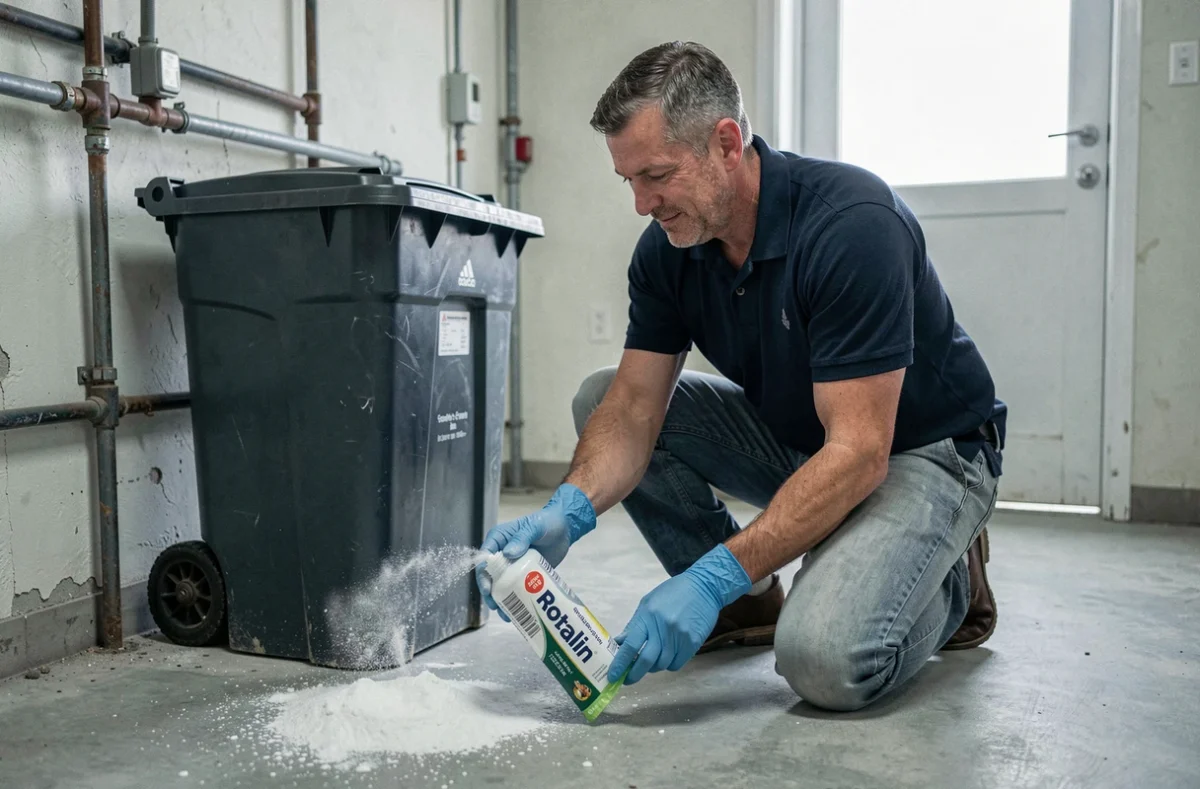 Homme appliquant du Rotalin insecticide autour d'une poubelle dans une buanderie pour traiter les mouches