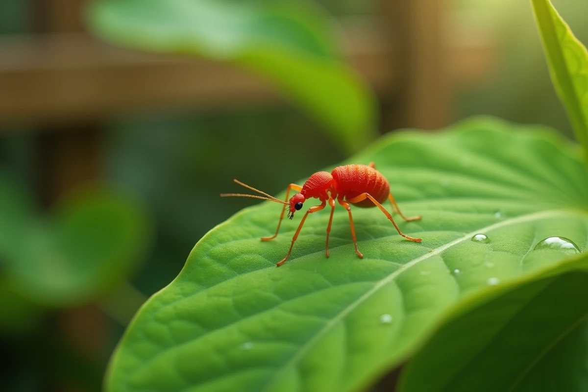 Acarien trombidion rouge posé sur une feuille verte de jardin avec des gouttes de rosée matinale