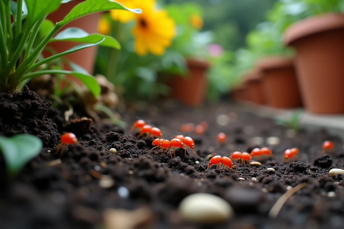 Plusieurs acariens trombidions rouges visibles sur la terre humide d'un potager entre des débris végétaux