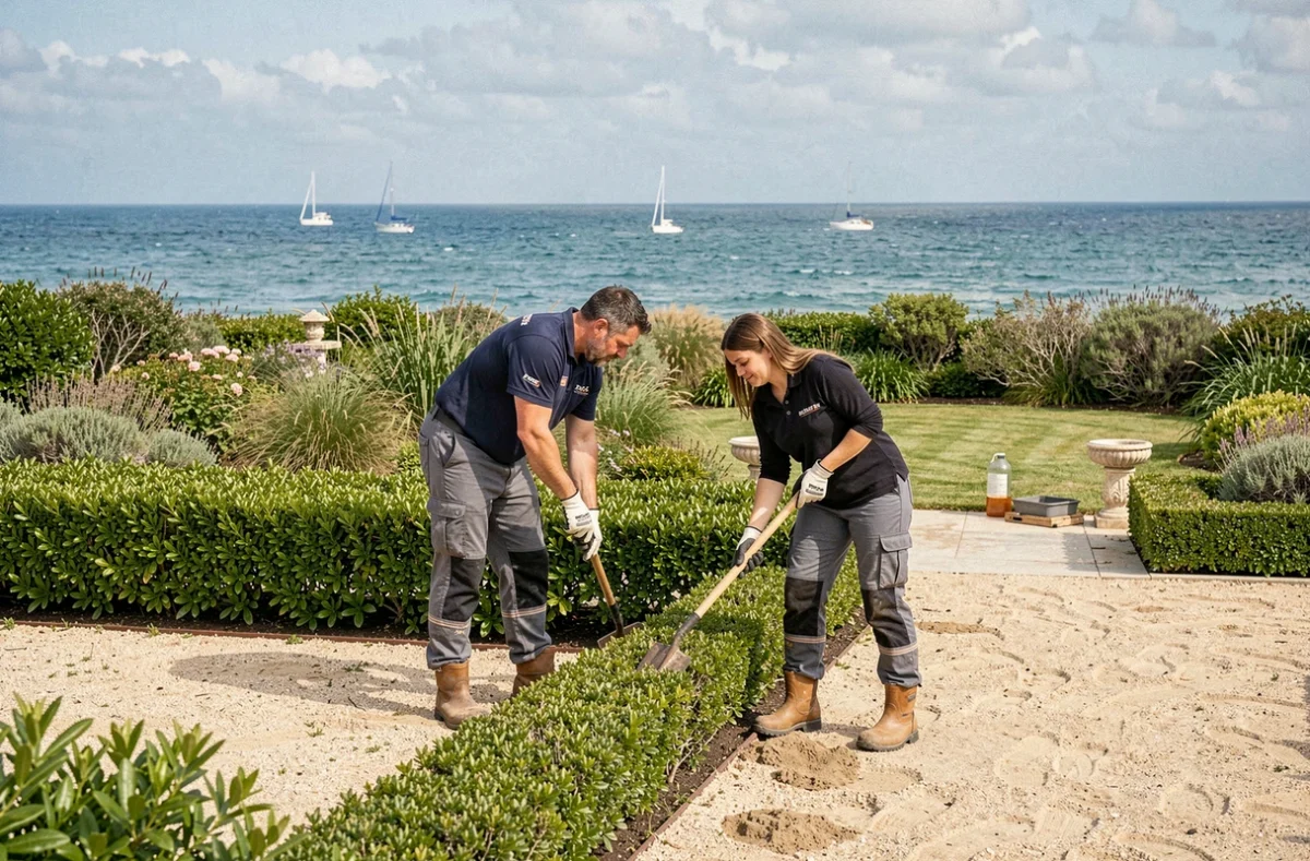 Une équipe de Vert Luxuriant installe une bordure de haie ornementale sur une terrasse de jardin côtier dans le secteur de Pornic, avec le littoral atlantique visible en arrière-plan