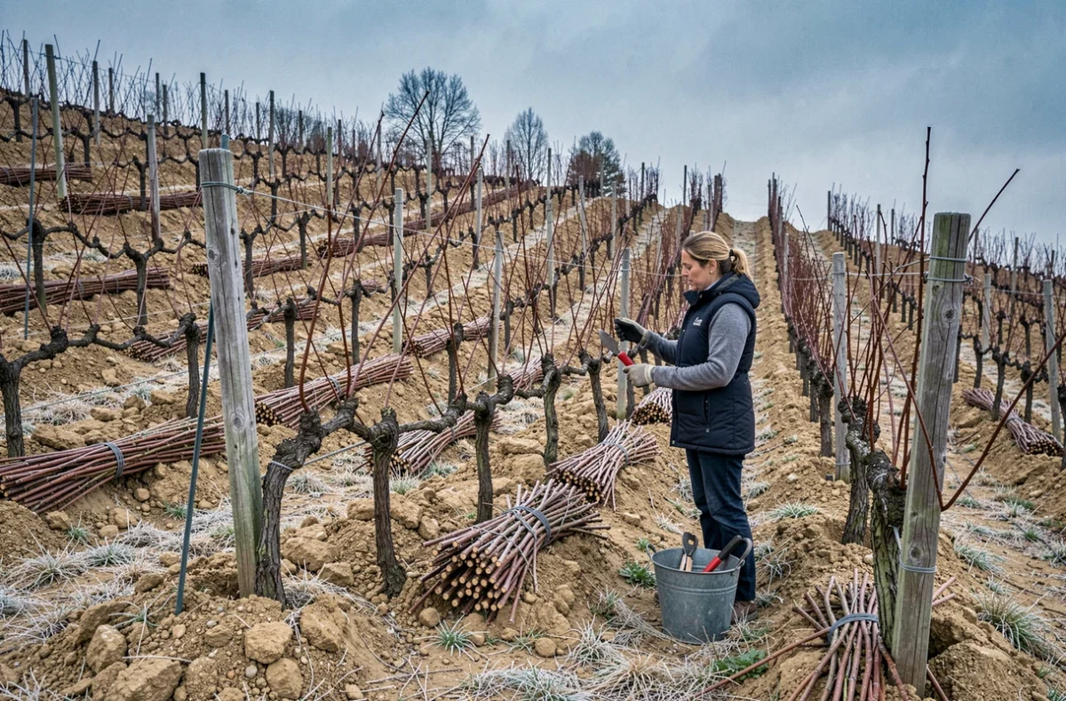 Vue large d'un vignoble en pente avec rangées de vignes taillées en hiver et viticultrice inspectant les ceps